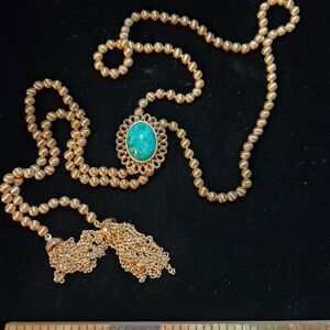 Vintage AVON Chain Necklace Lariat Tassel Fringe Slide Pendant Gold Tone Plate